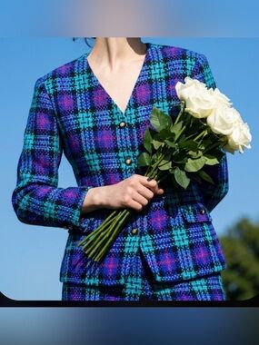 80s true VINTAGE Koret. Purple, turquoise, and red Plaid Jacket.